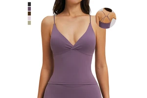Women's Lightweight Breathable Twist Front V-Neck Yoga Tank Top Removable Pads Backless Slim Fit Four-Way Stretch Quick Dry