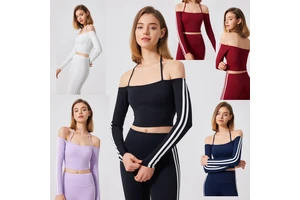 Sexy Girl Yoga Wear with Chest Pads Running Quick-drying Sports Top Off-the-shoulder Long Sleeves Fitness Shirts