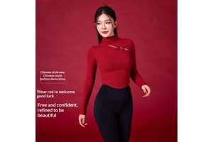 Slimming Breathable for Women's Nine Quarter Sleeve Traditional Chinese Style Buttoned Sports Yoga Wear Half-High Collar Top