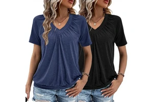 Summer Women's Plus Size Loose Fit V-Neck Short Sleeve Casual Ruched Breathable Knitted Polyester/Rayon/Spandex Blend Bqh Made