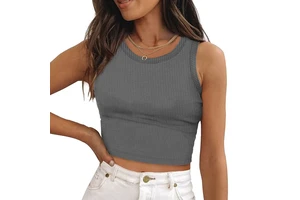 Women Casual Basic Sleeveless High Neck Cotton Ribbed Knit Crop Top Wholesale