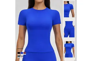 MAYYOUNG Brushed Spandex/Nylon Plus Size Breathable Yoga Short-Sleeve Crew Neck Slim-Fit Defined-Waist T-Shirt Women's Outdoor