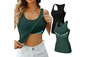 Custom Logo Breathable Women's Tank Tops with Built-in Shelf Bras Racerback Wide Strap Cotton Scoop Neck Yoga Pack of 2 Vest