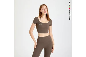 Yoga Suit Short-sleeved T-shirt for Women with Chest Pad Halter Neck Exercise Quick-drying Running Fitness Clothes Top