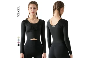 Custom Logo Women's Gym Fitness Solid Tops Cross Front Pleat Running Workout Shirt Women Yoga Long Sleeve Sports T-Shirt