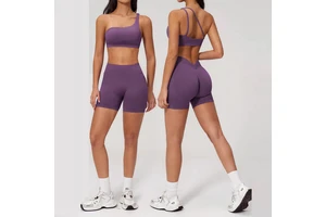 TongJoes Seamless Solid Women's Yoga Suit Oblique Shoulder Quick-drying Tight 2-Piece Set Outdoor Casual Running Fitness Clothes