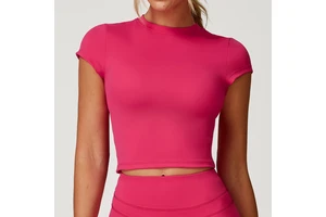 Women's European American Style Short Sleeve Fitness T-Shirt Beautiful Brushed Back Yoga Top Lightweight Plus Size Tight-Fit