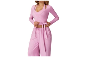 High-End Solid Seamless Spandex Long Sleeve Activewear Yoga Top Outfit with Tie Straps for Gym & Outdoor Exercise