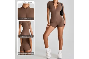 New Thread Slim-fit Anti-Wrinkle Solid Knit Women's Short-sleeved V-neck Zipper High-strength Nylon/Spandex Sports Suit YoGa Set