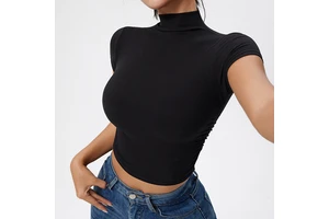 Customized New Women's Yoga Tops Short Sleeve Half Hign Collar Athletic Slim Fit Crop Top for Women