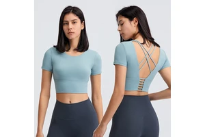 Women Quick-dry Gym Shirt Back Cross Sports Short Sleeve Plain Slim Fit Yoga Crop Top