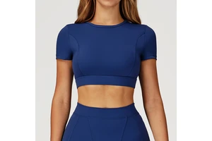 New Design Women 's Round Neck Short Sleeves Crop Top With Chest Padded Quick Dry And Slimming Solid Yoga Top
