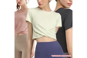YD04 Crew Neck Sports Cross Hem Yoga Top for Summer Yoga Short-sleeved Quick-drying T-shirt for Running for Women