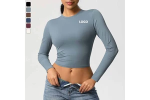 XW-7089 Custom Breathable Butter Fabric Long Sleeve Wear Crop Tops Fitness Yoga Gym Fitness Sports Tight Yoga Top