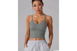 High Stretch Seamless Knit White Athletic Bra | Deep V Neck Strappy Yoga Top | Compression Molded Non Fade Sportwear Cami
