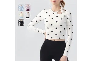 Women's Long-Sleeve T-Shirt Sports Top Asymmetric Hollow-out Tie Polka Dot Yoga Clothing with Chest Pad