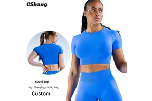 Seamless Athletic Summer Gym Crop Top Short Sleeve Fitness Sports Tshirt with Round Neck Spandex Workout Top for Running Yoga