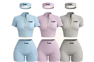 Custom Logo Women's Two-piece Set Zip up Short Sleeve Jacket and Shorts Set Streetwear Workout Activewear Tracksuit Summer 2026