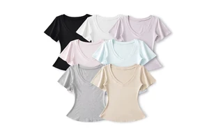 Women's Sexy Slimming Gym Fitness T-Shirt Knitted Waist-Cinching V-Neck with Short Sleeves for Sports Yoga Running