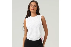 Women's Summer Breathable Yoga Sports Vest Jacquard Blouse Loose Neck Sleeveless Top Hem Drawstring Seamless Design