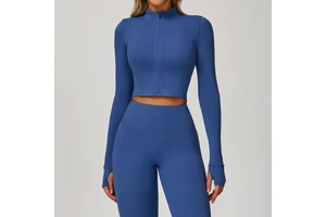 Zipper Jacket Crop Long Sleeve Crop Sports Fitness Gym Breathable Quick Dry Solid Workout Yoga Tops