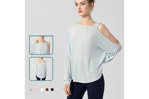 Women's Thin Solid Color Breathable Sportswear Lightweight Knitted Off-the-Shoulder Long-Sleeve Sports T-Shirt Loose Yoga Top