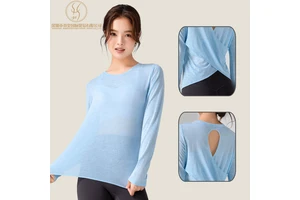 Women's Summer Lightweight Round Neck Long Sleeve Yoga Top Back Hollow Design Breathable Yoga Sports Long Sleeved T-Shirt