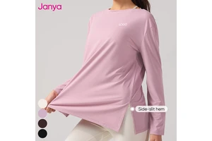 Janya 2026 Nude Feel Soft Elastic Breathable Boat Collar Long Sleeve Fitness Gym Tee Loose Workout Yoga Sports Shirts for Women