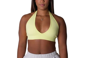 Custom Logo Women Sport Neck Strap Compression Crop Pilates Removable Padding Sexy Gym Deep V Neckline Yoga Bra Soft Sculpt Top