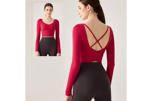 Ladies Long Sleeves V-Neck Sports Gym T-Shirt Cross Backless Workout Yoga Crop Top Shockproof Padded Pilates Dance Tops