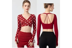 Women Cross Back Breathable Quick Dry Workout Sports Wear Long Sleeves Athletic Fitness Dots Top High Elastic Female Crop Top