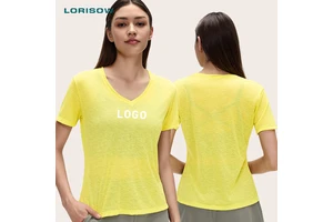 LORISOW Wholesale Yoga Wear Women's V-Neck Casual Loose Fit Solid Short-Sleeve T-Shirt Lightweight Quick-Dry Fitness Top