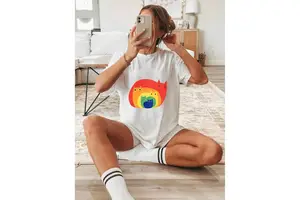 Plus-Size Women's Casual O-Neck Short Sleeve Knitted Spandex/Cotton Jersey T-Shirt Rainbow Cat Print Breathable Quick Dry for