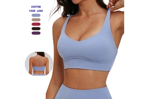 Women Brushed Yoga Sports Bra with Cross Open Back V Neck Tight Fit Design Stretchy Support Bra for Running Gym Outdoor Training