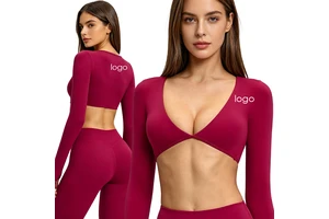 Yoga Long-Sleeve Scoop V-Neck Fashionable Cropped Sports Top for Outdoor Fitness Running T-Shirt for Sexy Cutout Workout Top