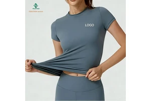 Wholesale Custom Women's Yoga Top Quick-Dry Breathable Slim Fit Short Sleeve Crew Neck Spandex/Nylon Four-Way Stretch