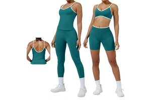 Cross-border European American Solid Seamless Beauty-Back Off-the-Shoulder Front Womens 2-Piece Quick-Drying Sports Fitness