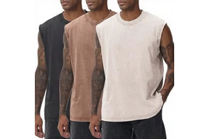 Men's Breathable 100% Cotton Workout Tank Tops Sleeveless Muscle Shirts Gym Acid Wash Running Beach Loose Fit Tee with Button