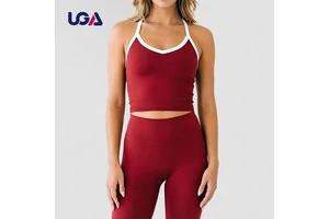 Breathable High Waist Double Layer Contrast Trim Color Block Striped Halter V-neck Sports Tank Tops 2 Piece Yoga Workout Set