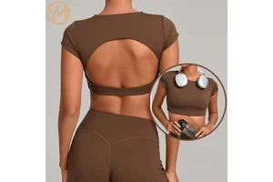 Yimo Women Round Neck Short Sleeves Solid Color Workout Shirt Female Beauty Back Yoga Top Lady Lightweight Slim Running T-shirt