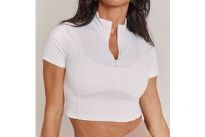 Half Zipper Women Crop Top Gym Fitness Stand Collar Short Sleeve Top High Quality 81% Nylon 19% Elastane T Shirt
