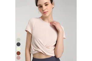 Summer Women Yoga Clothing Running Quick Dry Short Tee Crossover Hem Yoga T-shirts Short Sleeve Fitness Crop Top Sports T Shirt