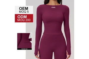 FCX2551 Long Sleeve Ribbed Crew Neck Slim Tight Yoga Top with Thumb Hole Design Sports T-shirts for Women