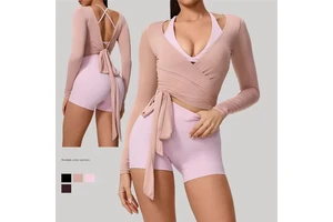 XJ001 Hot Sale One-Piece Slim-Fitting Long-Sleeved Yoga Tops Self Tie Blouses & Shirts Open Front Yoga Wrap Tops for Women