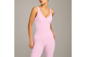 Wholesale OEM High Quality Women V-neck Sleeveless Removable Pads Tanktop Plain Breathable Dry-fit Sculpted Stylish Yoga Top