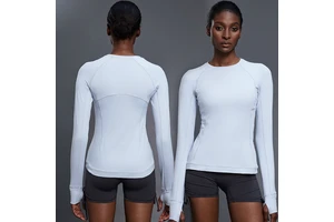 Roregal Round Neck Elastic Tight Yoga Long Sleeved T-Shirt Women'S Running Training Fitness Top With Side Pocket