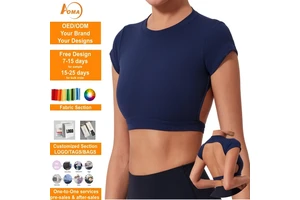 Aoyema Sportswear Women Round Neck Tank Top Hollow Out Back Short Soft Compression Open Back Cropped Quick Dry Yoga T Shirt