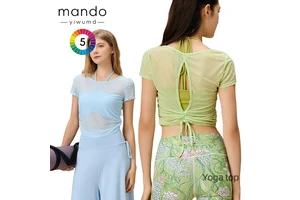 Women's Sheer Mesh Yoga Top Short Sleeve Ruffled Hem Back Lacing Hollow-Out T-Shirt Breathable Lightweight Activewear