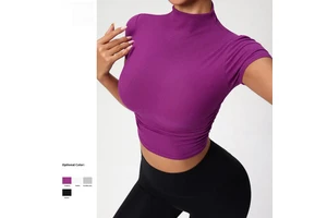 Women's Reversible Half-High Collar Yoga Tops High Elasticity Tank T-Shirt Custom Side Twists Solid Gym Fitness Athletic Short
