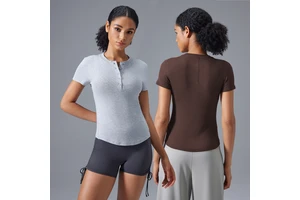 Women's Basic Casual T Shirts Blouse Rib-Knit Button up Short Sleeve Solid Color Round Neck Slim Fit Front Logo Breathable